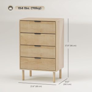 HOMCOM Bedroom Chest of Drawers, 4 Drawer Dresser with Fluted Panels and Solid Wood Legs, Anti-slip Foot Pads, Storage Cabinet for Living Room, Oak - Image 3