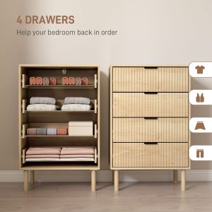 HOMCOM Bedroom Chest of Drawers, 4 Drawer Dresser with Fluted Panels and Solid Wood Legs, Anti-slip Foot Pads, Storage Cabinet for Living Room, Oak - Image 5