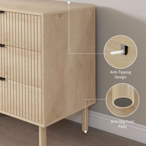 HOMCOM Bedroom Chest of Drawers, 4 Drawer Dresser with Fluted Panels and Solid Wood Legs, Anti-slip Foot Pads, Storage Cabinet for Living Room, Oak - Image 6