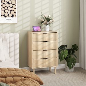 HOMCOM Bedroom Chest of Drawers, 4 Drawer Dresser with Fluted Panels and Solid Wood Legs, Anti-slip Foot Pads, Storage Cabinet for Living Room, Oak - Image 7
