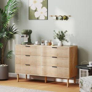 HOMCOM Bedroom Chest of Drawers, 6 Drawer Dresser with Fluted Panels and Solid Wood Legs, Storage Cabinet for Living Room, Oak - Image 1