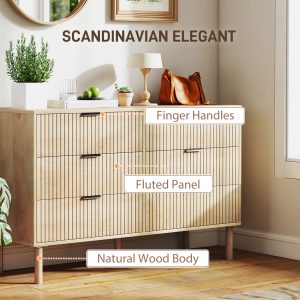 HOMCOM Bedroom Chest of Drawers, 6 Drawer Dresser with Fluted Panels and Solid Wood Legs, Storage Cabinet for Living Room, Oak - Image 4
