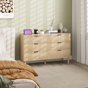 HOMCOM Bedroom Chest of Drawers, 6 Drawer Dresser with Fluted Panels and Solid Wood Legs, Storage Cabinet for Living Room, Oak - Image 8
