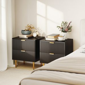 HOMCOM Bedside Table Set of 2, Modern Nightstand with 2 Drawers, Side End Table with Metal Legs for Living Room, Bedroom, Black - Image 1