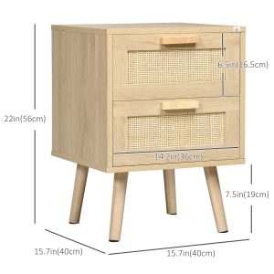 HOMCOM Boho Design Nightstand Set of 2, Side End Table with 2 Drawers for Living Room, Bedroom - Image 3