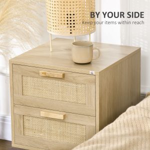 HOMCOM Boho Design Nightstand Set of 2, Side End Table with 2 Drawers for Living Room, Bedroom - Image 7