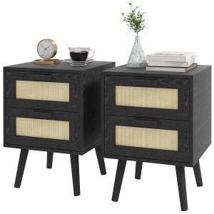 HOMCOM Boho Nightstands Set of 2, Bedside Tables with 2 Drawers for Living Room, Bedroom, Black - Image 2