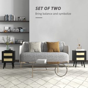 HOMCOM Boho Nightstands Set of 2, Bedside Tables with 2 Drawers for Living Room, Bedroom, Black - Image 4