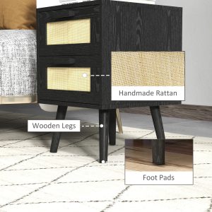 HOMCOM Boho Nightstands Set of 2, Bedside Tables with 2 Drawers for Living Room, Bedroom, Black - Image 6