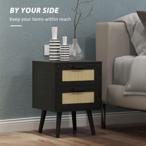 HOMCOM Boho Nightstands Set of 2, Bedside Tables with 2 Drawers for Living Room, Bedroom, Black - Image 7