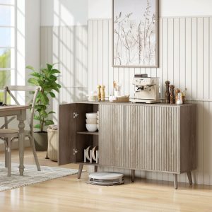 HOMCOM Buffet Cabinet with Storage, Modern Fluted Sideboard with Adjustable Shelves for Dining Room Living Room, Light Grey - Image 1