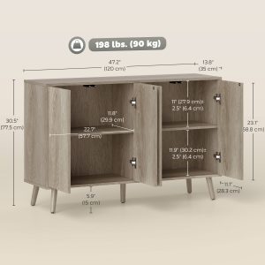 HOMCOM Buffet Cabinet with Storage, Modern Fluted Sideboard with Adjustable Shelves for Dining Room Living Room, Light Grey - Image 3