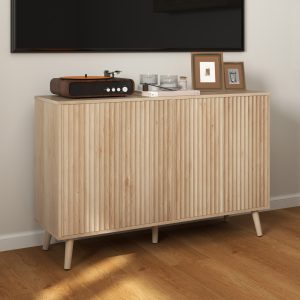 HOMCOM Buffet Cabinet with Storage Modern Fluted Sideboard with Adjustable Shelves Wood Legs for Dining Room Living Room Oak - Image 1