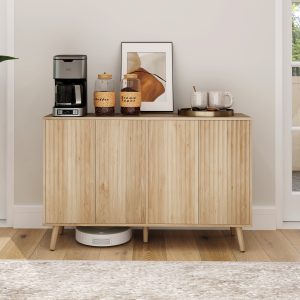 HOMCOM Buffet Cabinet with Storage Modern Fluted Sideboard with Adjustable Shelves Wood Legs for Dining Room Living Room Oak - Image 10