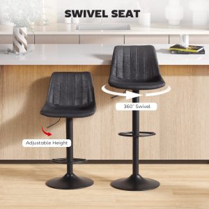 HOMCOM Counter Height Bar Stools Set of 2, Adjustable Height Bar Chairs with Swivel Seat, Leathaire Upholstery, Black - Image 4