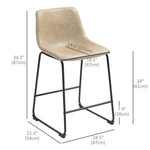 HOMCOM Counter Height Bar Stools Set of 2, Vintage PU Leather Bar Chairs, Kitchen Stool with Footrest, Beige - Image 3