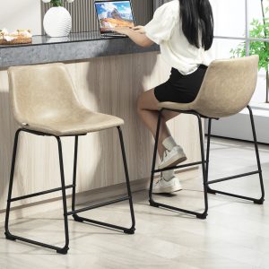 HOMCOM Counter Height Bar Stools Set of 2, Vintage PU Leather Bar Chairs, Kitchen Stool with Footrest, Beige - Image 7