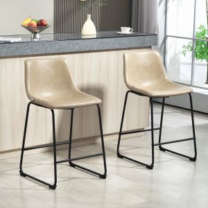 HOMCOM Counter Height Bar Stools Set of 2, Vintage PU Leather Bar Chairs, Kitchen Stool with Footrest, Beige - Image 8