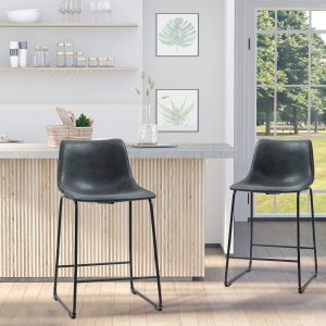 HOMCOM Counter Height Bar Stools Set of 2, Vintage PU Leather Bar Chairs, Kitchen Stool with Footrest, Black - Image 1