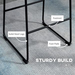 HOMCOM Counter Height Bar Stools Set of 2, Vintage PU Leather Bar Chairs, Kitchen Stool with Footrest, Black - Image 5