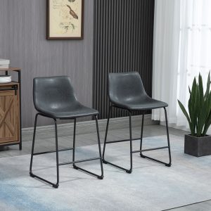 HOMCOM Counter Height Bar Stools Set of 2, Vintage PU Leather Bar Chairs, Kitchen Stool with Footrest, Black - Image 10