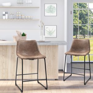 HOMCOM Counter Height Bar Stools Set of 2, Vintage PU Leather Bar Chairs, Kitchen Stools w/ Footrest for Home Bar, Brown - Image 1