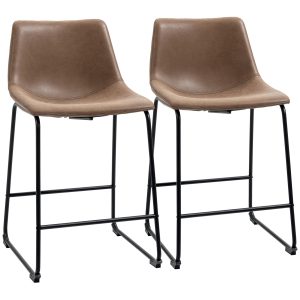 HOMCOM Counter Height Bar Stools Set of 2, Vintage PU Leather Bar Chairs, Kitchen Stools w/ Footrest for Home Bar, Brown - Image 2
