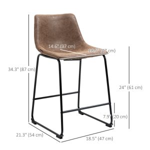 HOMCOM Counter Height Bar Stools Set of 2, Vintage PU Leather Bar Chairs, Kitchen Stools w/ Footrest for Home Bar, Brown - Image 3
