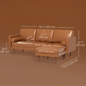 HOMCOM Faux Leather Sectional Sofa Couch L-Shaped Corner Sofa Set with Footstool and 2 Bolster Pillows, Brown - Image 11