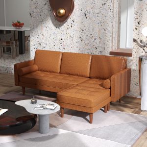 HOMCOM Faux Leather Sectional Sofa Couch L-Shaped Corner Sofa Set with Footstool and 2 Bolster Pillows, Brown - Image 16