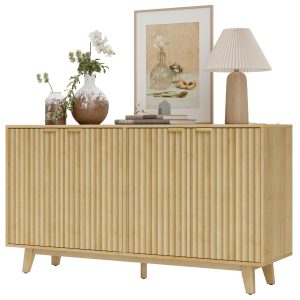 HOMCOM Fluted Sideboard Buffet Cabinet, 55" Coffee Bar Cabinet with 4 Doors, 2 Adjustable Shelves, 5 Wood Legs, Nature Wood - Image 2