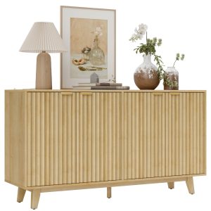 HOMCOM Fluted Sideboard Buffet Cabinet, 55" Coffee Bar Cabinet with 4 Doors, 2 Adjustable Shelves, 5 Wood Legs, Nature Wood - Image 11