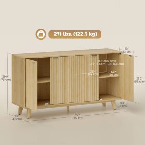 HOMCOM Fluted Sideboard Buffet Cabinet, 55" Coffee Bar Cabinet with 4 Doors, 2 Adjustable Shelves, 5 Wood Legs, Nature Wood - Image 3