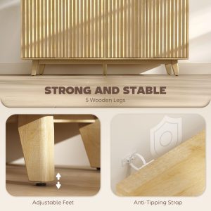 HOMCOM Fluted Sideboard Buffet Cabinet, 55" Coffee Bar Cabinet with 4 Doors, 2 Adjustable Shelves, 5 Wood Legs, Nature Wood - Image 6