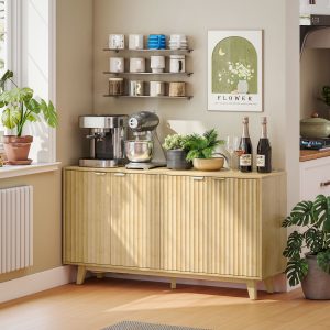 HOMCOM Fluted Sideboard Buffet Cabinet, 55" Coffee Bar Cabinet with 4 Doors, 2 Adjustable Shelves, 5 Wood Legs, Nature Wood - Image 18