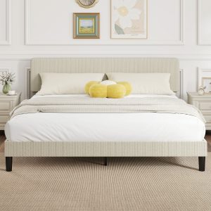 HOMCOM King Size Bed Frame with Adjustable Upholstered Headboard Platform Bed Frame Wood Slat Support Noise Free Light Grey - Image 1