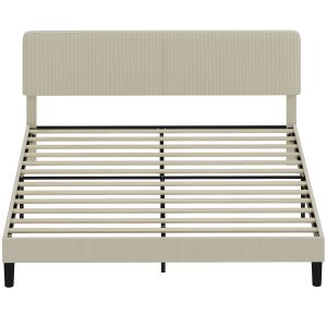 HOMCOM King Size Bed Frame with Adjustable Upholstered Headboard Platform Bed Frame Wood Slat Support Noise Free Light Grey - Image 19