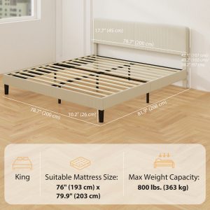 HOMCOM King Size Bed Frame with Adjustable Upholstered Headboard Platform Bed Frame Wood Slat Support Noise Free Light Grey - Image 10