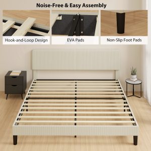 HOMCOM King Size Bed Frame with Adjustable Upholstered Headboard Platform Bed Frame Wood Slat Support Noise Free Light Grey - Image 13