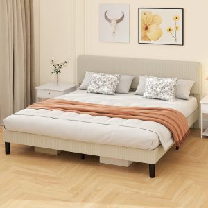 HOMCOM King Size Bed Frame with Adjustable Upholstered Headboard Platform Bed Frame Wood Slat Support Noise Free Light Grey - Image 16