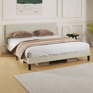 HOMCOM King Size Bed Frame with Adjustable Upholstered Headboard Platform Bed Frame Wood Slat Support Noise Free Light Grey - Image 17