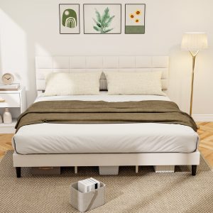 HOMCOM King Size Bed Frame with Upholstered Headboard, Modern Platform Bed Frame with Wood Slats, 1100 lbs Capacity, Cream White - Image 1