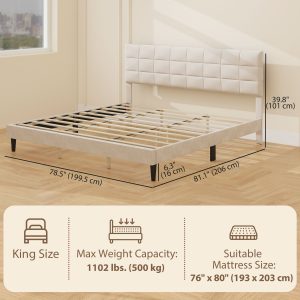 HOMCOM King Size Bed Frame with Upholstered Headboard, Modern Platform Bed Frame with Wood Slats, 1100 lbs Capacity, Cream White - Image 12