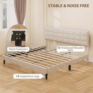 HOMCOM King Size Bed Frame with Upholstered Headboard, Modern Platform Bed Frame with Wood Slats, 1100 lbs Capacity, Cream White - Image 14