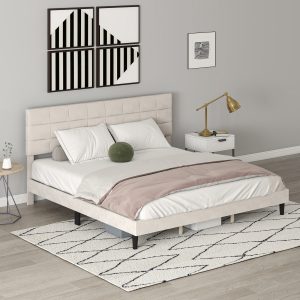 HOMCOM King Size Bed Frame with Upholstered Headboard, Modern Platform Bed Frame with Wood Slats, 1100 lbs Capacity, Cream White - Image 19