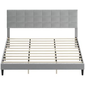 HOMCOM King Size Bed Frame with Upholstered Headboard, Modern Platform Bed Frame with Wood Slats, 1100 lbs Capacity, Grey - Image 2