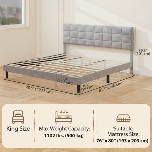 HOMCOM King Size Bed Frame with Upholstered Headboard, Modern Platform Bed Frame with Wood Slats, 1100 lbs Capacity, Grey - Image 3