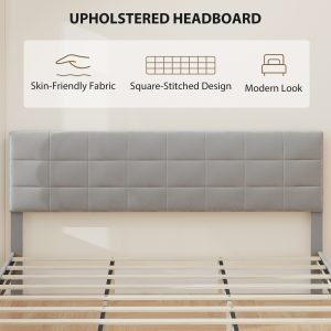 HOMCOM King Size Bed Frame with Upholstered Headboard, Modern Platform Bed Frame with Wood Slats, 1100 lbs Capacity, Grey - Image 4