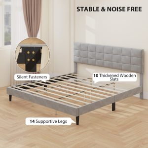 HOMCOM King Size Bed Frame with Upholstered Headboard, Modern Platform Bed Frame with Wood Slats, 1100 lbs Capacity, Grey - Image 5