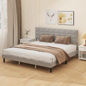 HOMCOM King Size Bed Frame with Upholstered Headboard, Modern Platform Bed Frame with Wood Slats, 1100 lbs Capacity, Grey - Image 7